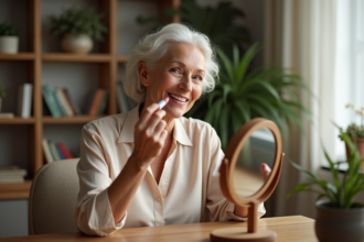 Femme élégante appliquant rouge à lèvres dans chambre lumineuse