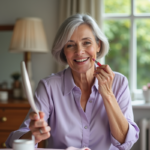 Femme senior appliquant rouge a levres dans son vanity