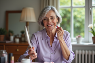 Femme senior appliquant rouge a levres dans son vanity