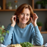 Femme élégante de soixante ans en pull bleu et boucles d'oreilles