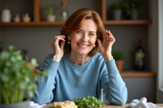 Femme élégante de soixante ans en pull bleu et boucles d'oreilles