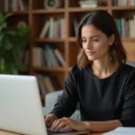 Femme en noir regardant son ordinateur pour shopping en ligne