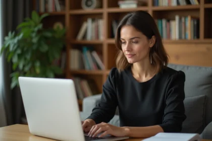 Femme en noir regardant son ordinateur pour shopping en ligne