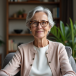 Femme de 70 ans souriante avec lunettes élégantes