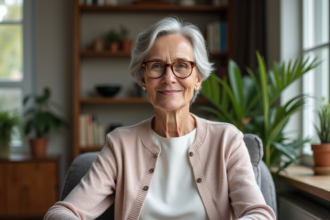 Femme de 70 ans souriante avec lunettes élégantes