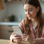 Jeune femme utilisant un smartphone dans la cuisine lumineuse