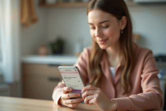 Jeune femme utilisant un smartphone dans la cuisine lumineuse