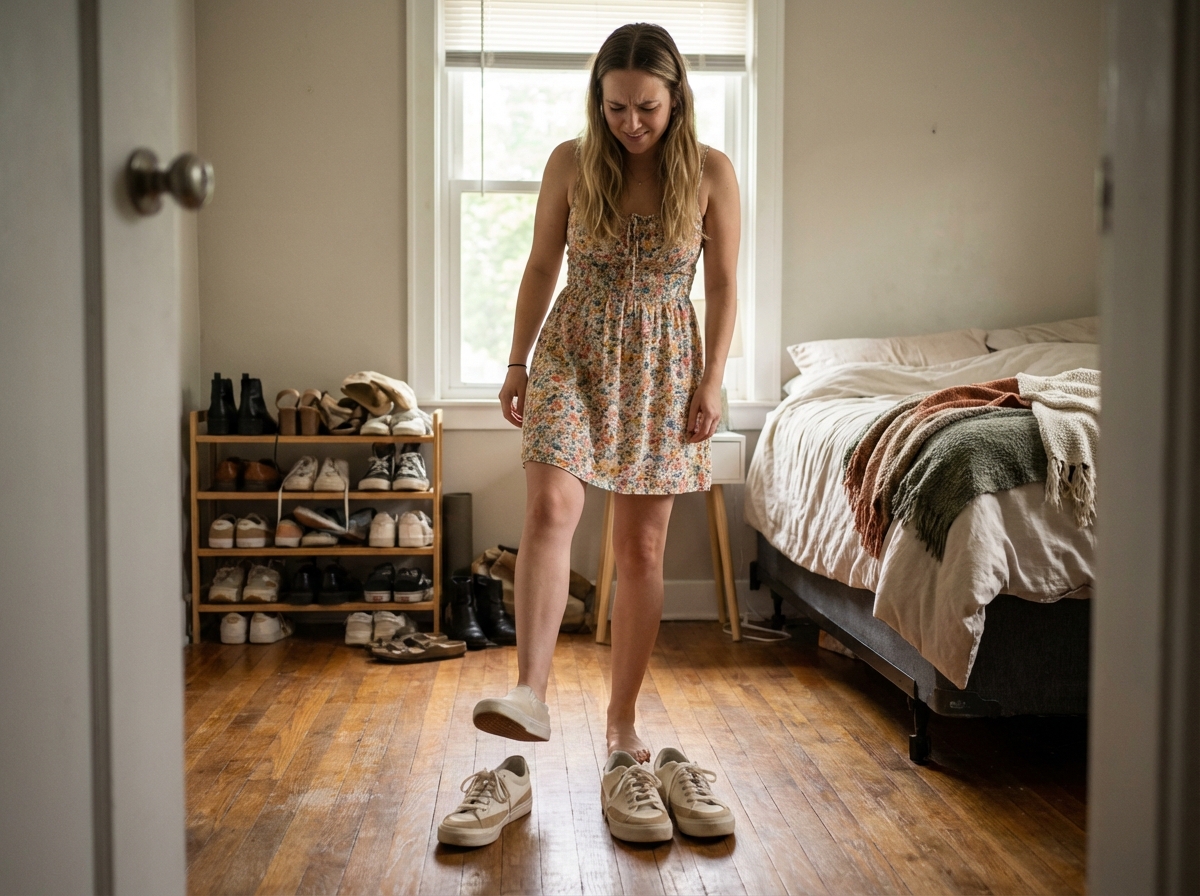 Jeune femme choisissant entre deux paires de sneakers dans sa chambre