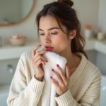 Femme en salle de bain se nettoyant les lèvres avec une serviette