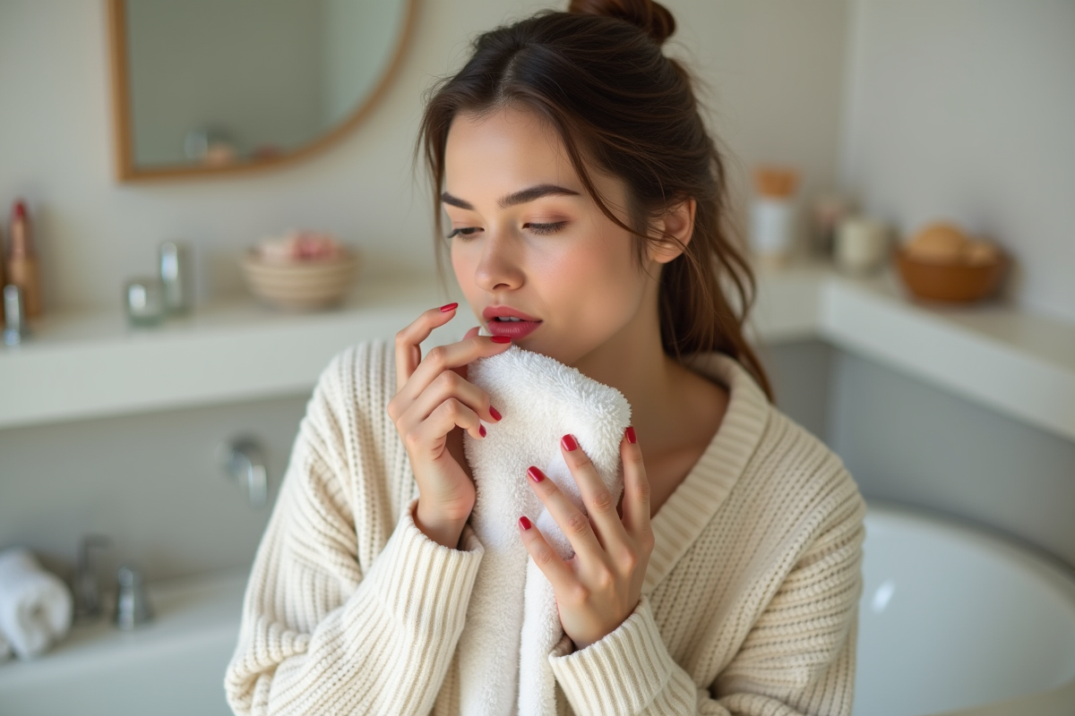 Femme en salle de bain se nettoyant les lèvres avec une serviette