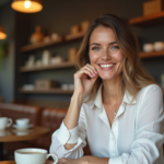 Femme souriante en blouse blanche dans un café chaleureux