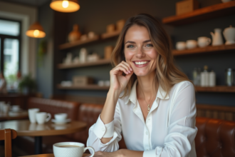 Femme souriante en blouse blanche dans un café chaleureux