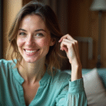 Femme souriante en intérieur avec blouse teal et regard engageant