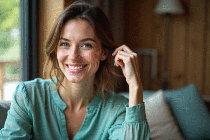 Femme souriante en intérieur avec blouse teal et regard engageant