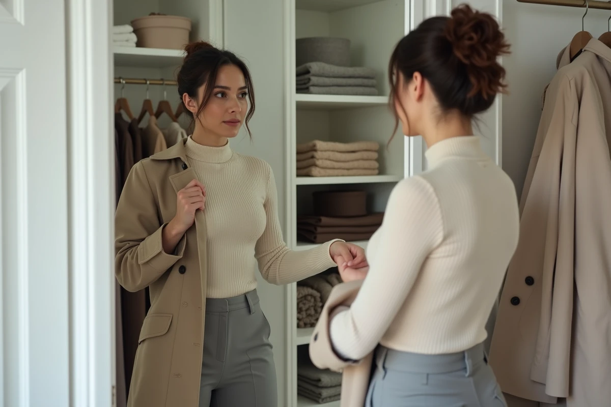 Femme réfléchissant à son style personnel devant un miroir en pied dans un dressing élégant avec trench coat