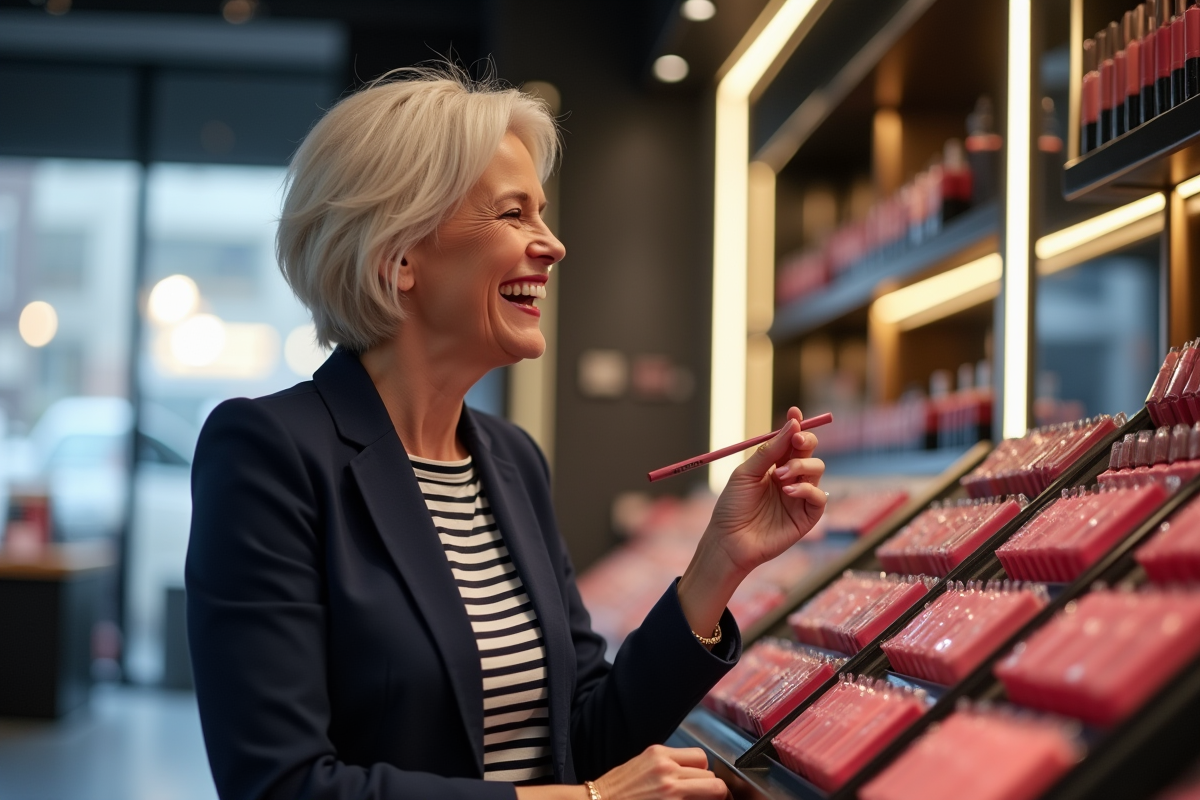Femme souriante testant des rouges à lèvres en magasin