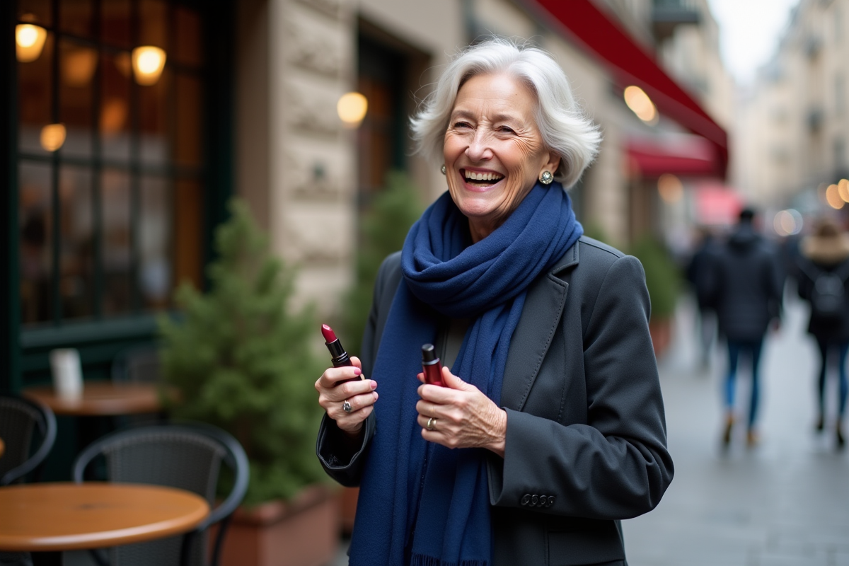 Femme souriante avec foulard dans rue de ville en extérieur