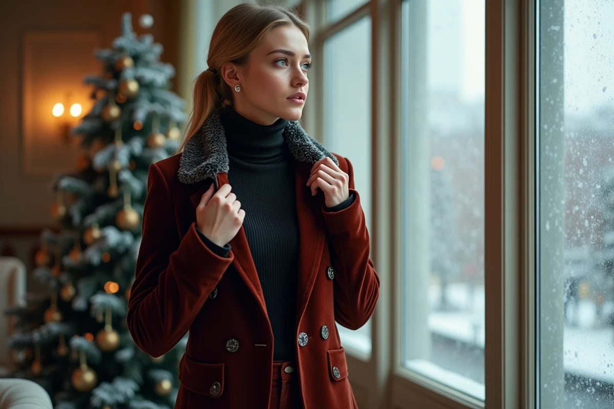 Femme ajustant son col en fourrure devant une fenêtre enneigee