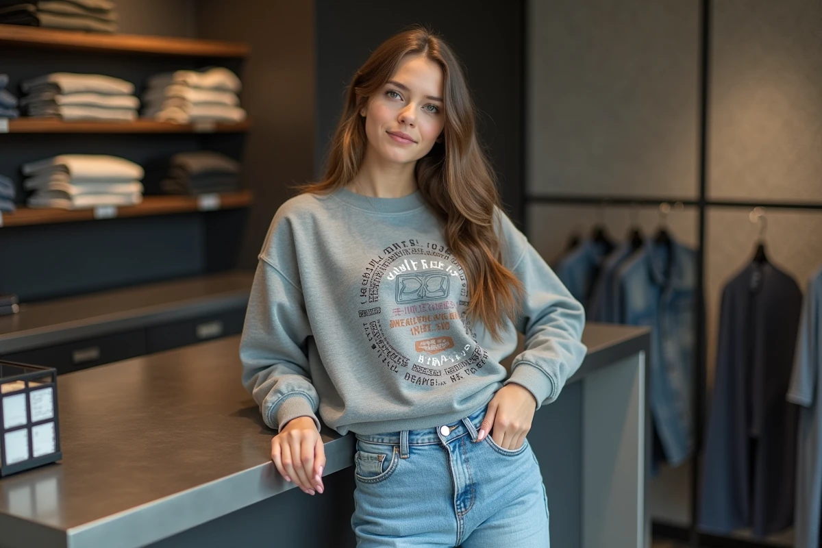 Jeune femme en streetwear dans une boutique urbaine moderne