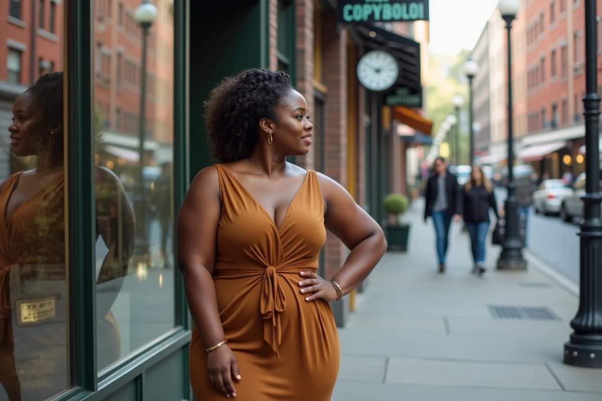 Femme confiante regardant sa reflection en ville