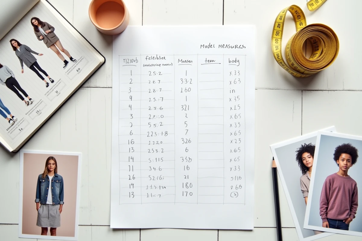 Fiche de mensurations mannequin enfant avec ruban à mesurer et cartes book sur un bureau d'agence de mannequinat