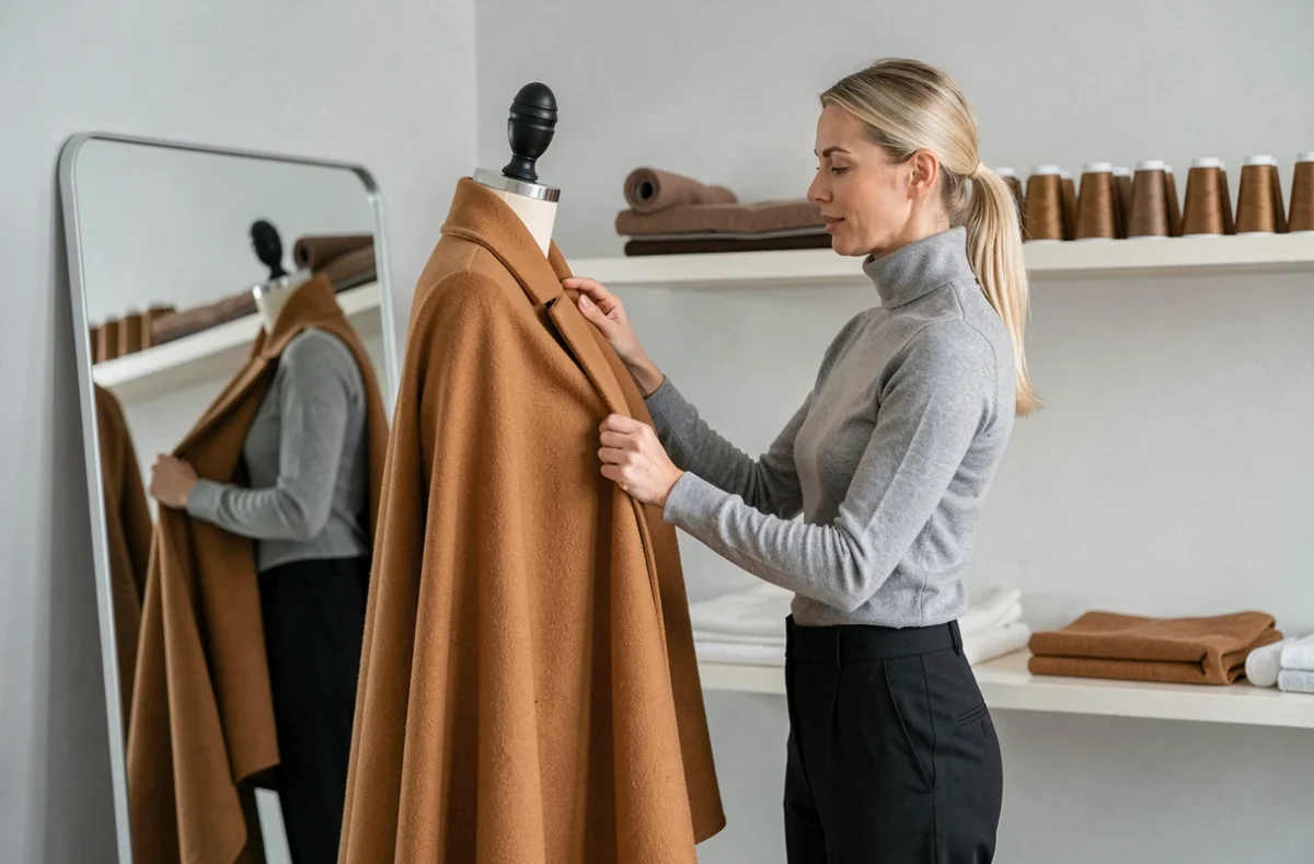 Couturière drapant un tissu laine camel sur un mannequin dans l'atelier Fil et Forme à Rezé