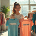 Jeune femme tenant deux chemises mode durable et fast fashion