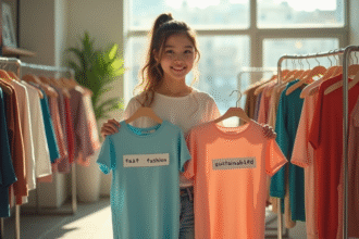 Jeune femme tenant deux chemises mode durable et fast fashion