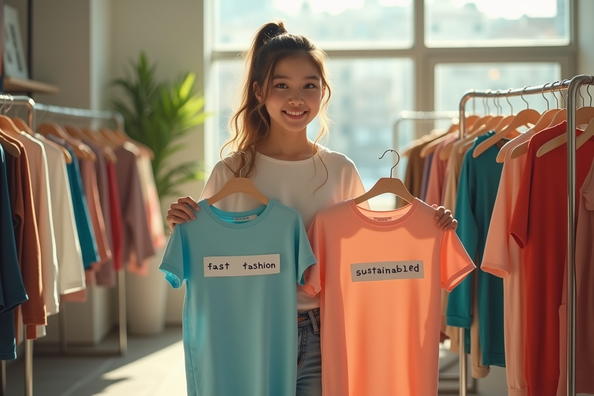 Jeune femme tenant deux chemises mode durable et fast fashion