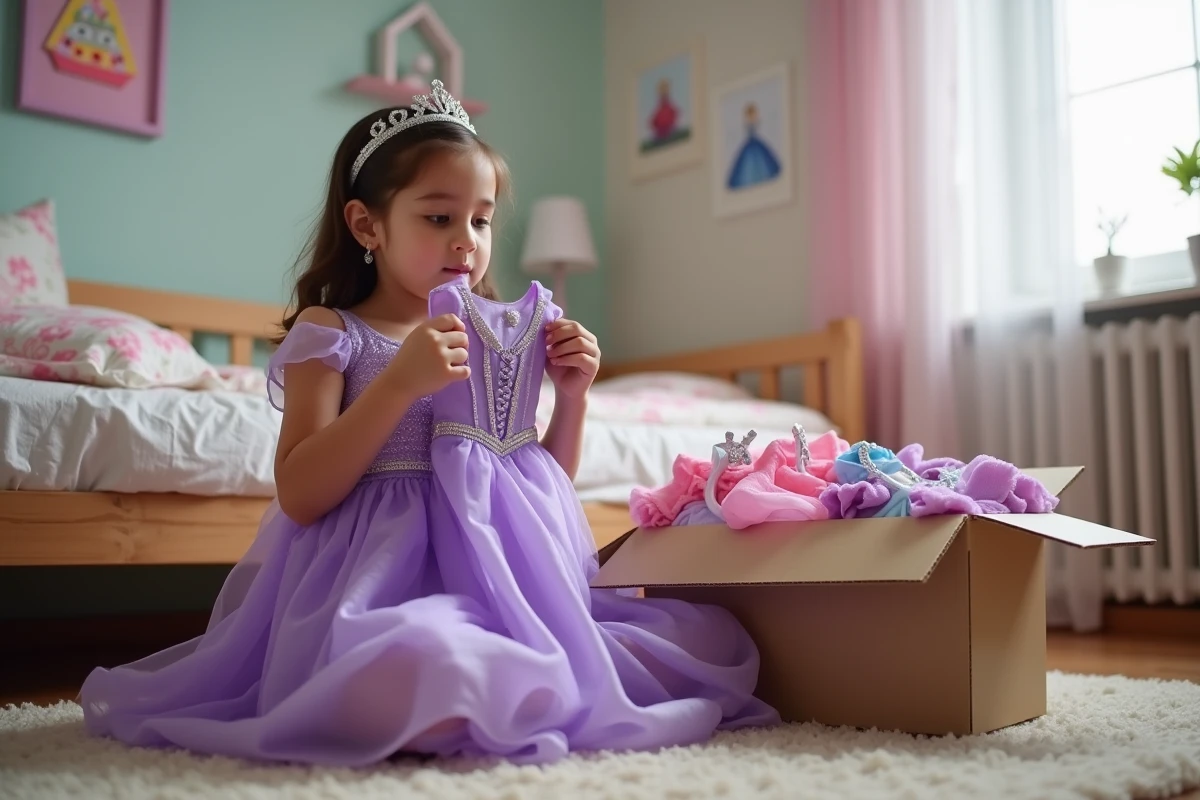 Fillette assise entourée de robes de princesse génériques et de marque dans sa chambre d'enfant