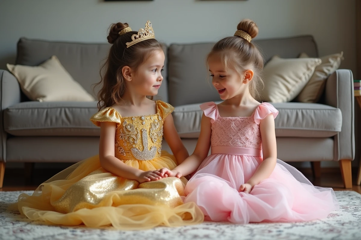 Deux fillettes comparant leurs robes de princesse Disney et générique dans un salon familial