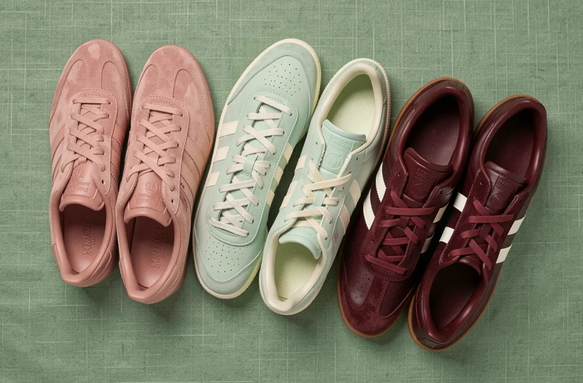 Flat lay de trois paires Adidas Samba Rose en coloris tendance 2026 : rose mauve, menthe pastel et bordeaux, disposées en diagonale sur lin vert sauge