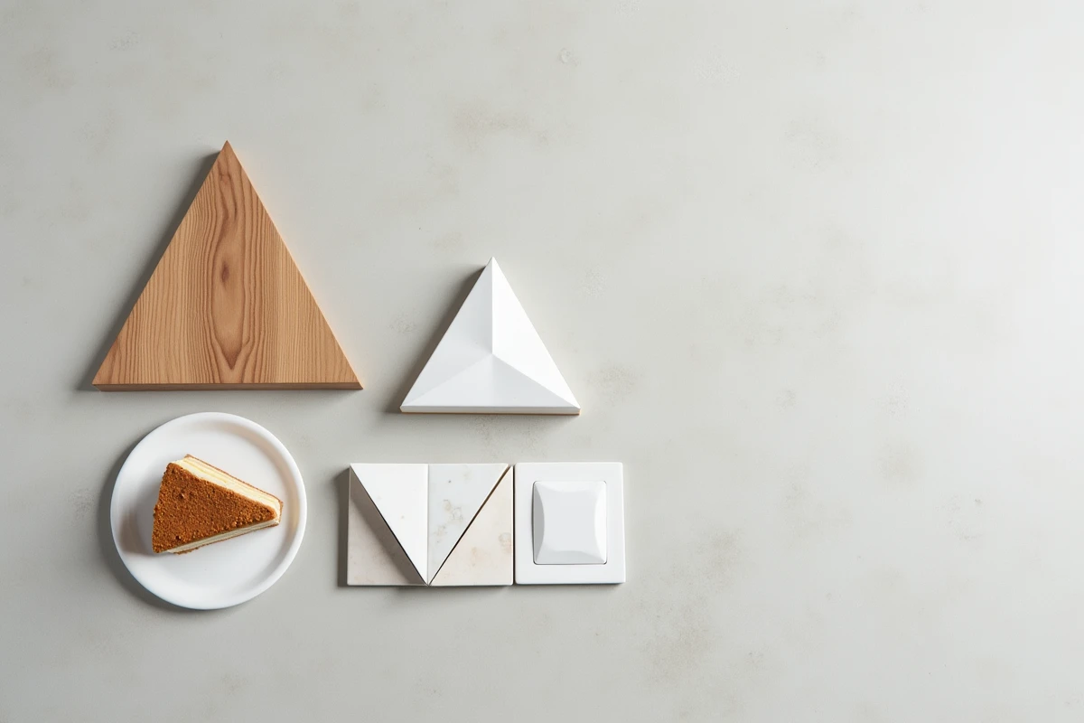 Flat lay d'objets du quotidien en forme de trapèze sur fond de béton gris, dont un coin de porte et une part de gâteau