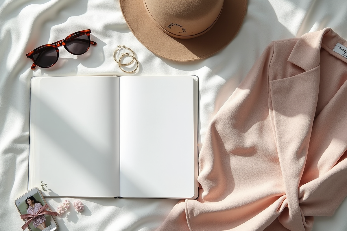 Disposition de vêtements et accessoires sur tissu blanc naturel
