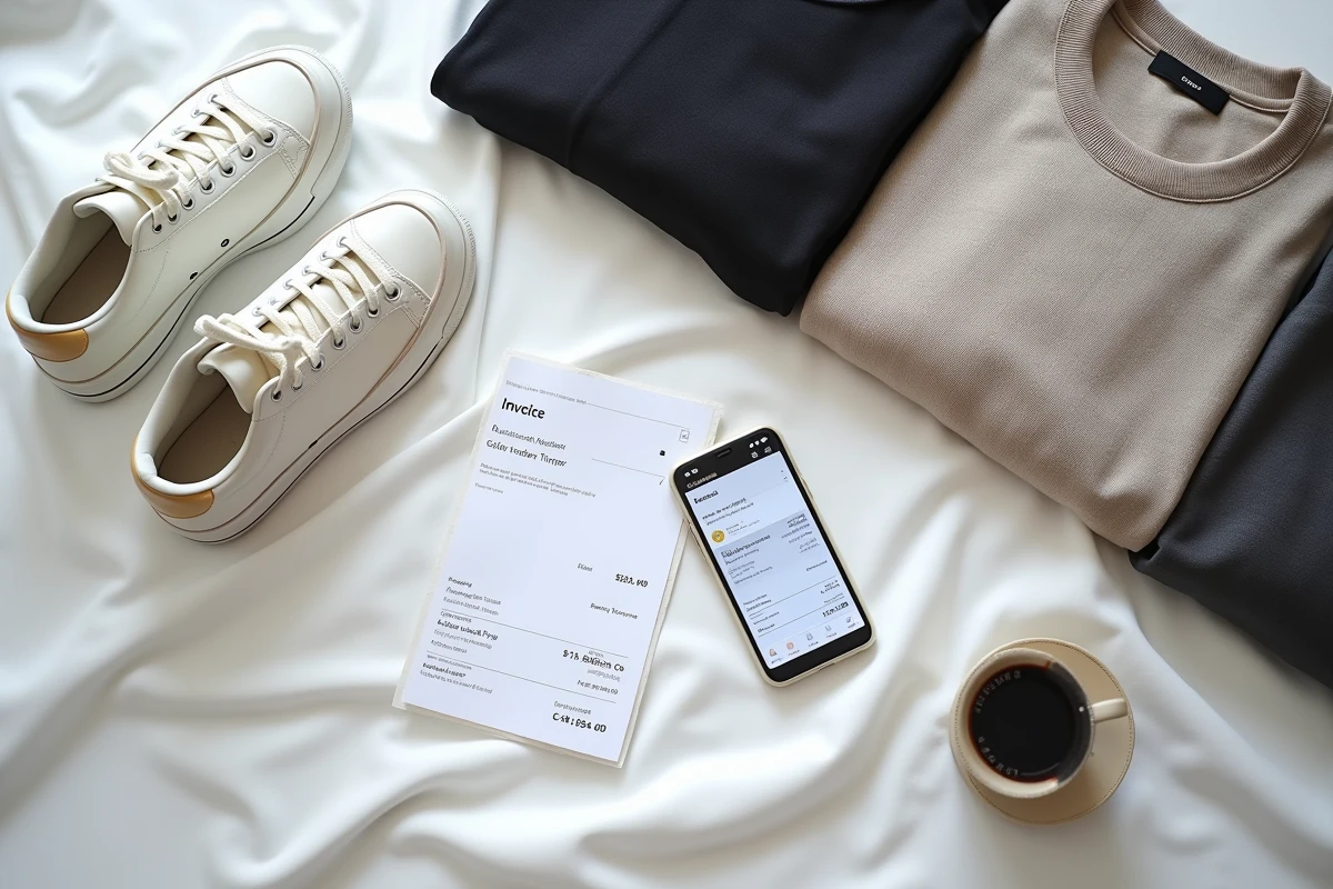 Flat lay de vêtements et accessoires de marque commandés sur Thebradery avec facture et smartphone