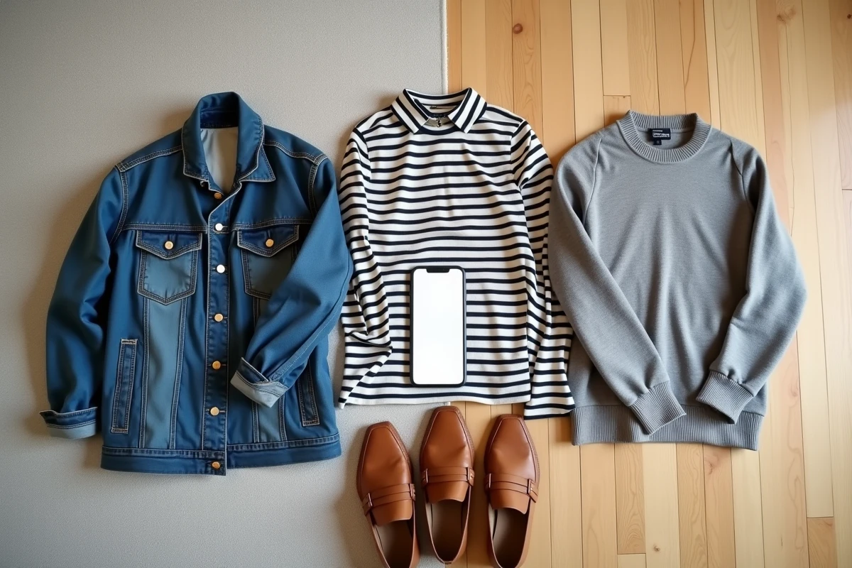 Flat-lay de vêtements d'occasion et smartphone avec application de revente de mode circulaire