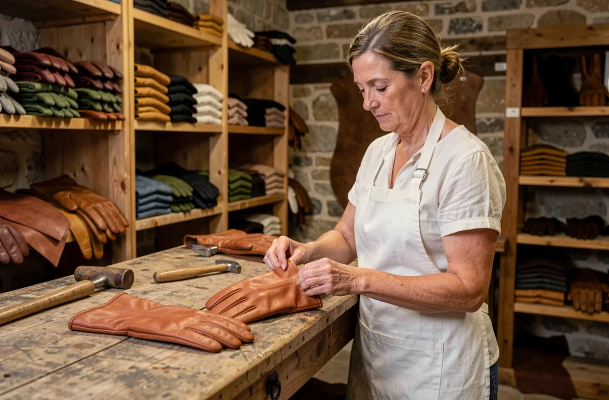 Artisane inspectant des gants en cuir d'agneau dans l'atelier de la Ganterie Agnelle à Saint-Junien
