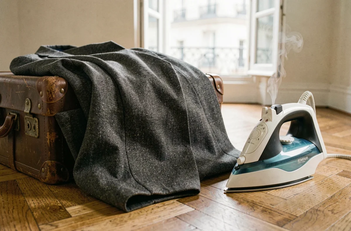 Gros plan d'un costume froissé en laine posé sur une valise avec un fer à vapeur de voyage prêt à l'emploi