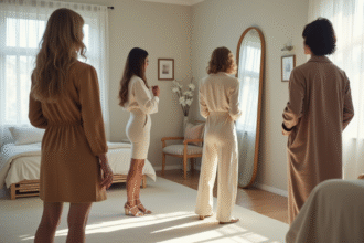 Groupe de personnes regardant leur tenue dans un miroir moderne