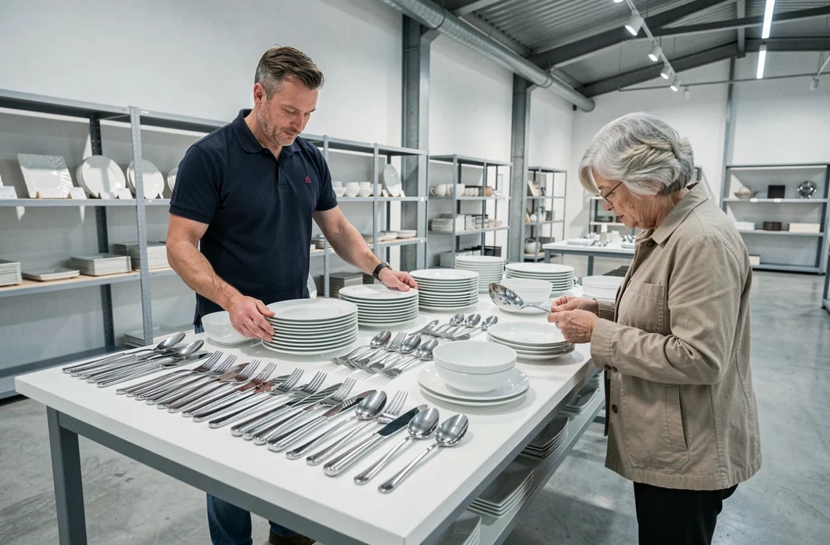 Couverts en inox et porcelaine blanche Guy Degrenne exposés dans le point de vente de Pierre-Buffière