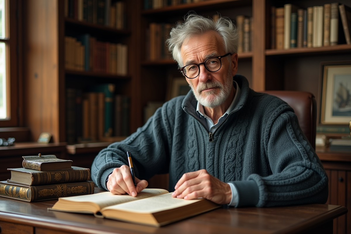 Historien avec un vieux carnet de bord maritime dans un bureau ancien