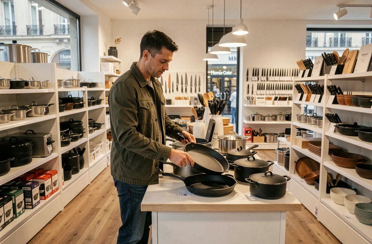Homme inspectant une poêle en fonte dans le magasin Home and Cook dédié à l'équipement de cuisine à Bordeaux