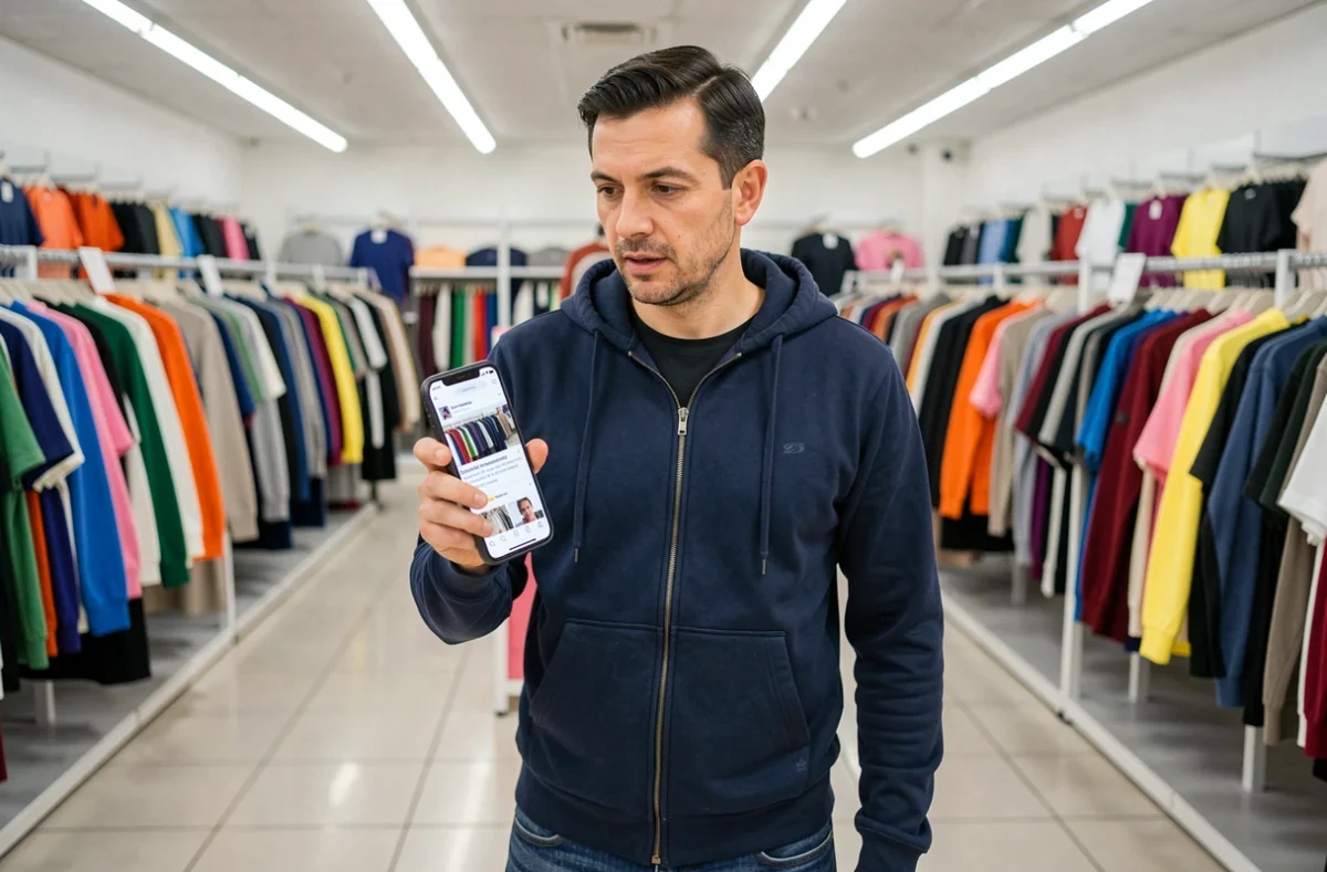Homme consultant des avis clients Kiabi sur smartphone dans un magasin de vêtements