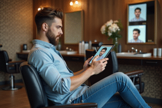 Homme regardant une tablette avec des coiffures virtuelles dans un salon