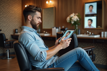 Homme regardant une tablette avec des coiffures virtuelles dans un salon