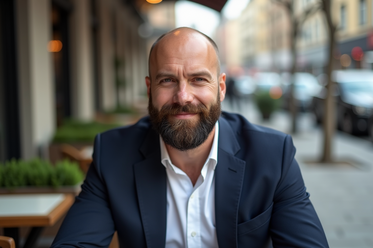 Homme chauve avec barbe soignee dans un cafe urbain