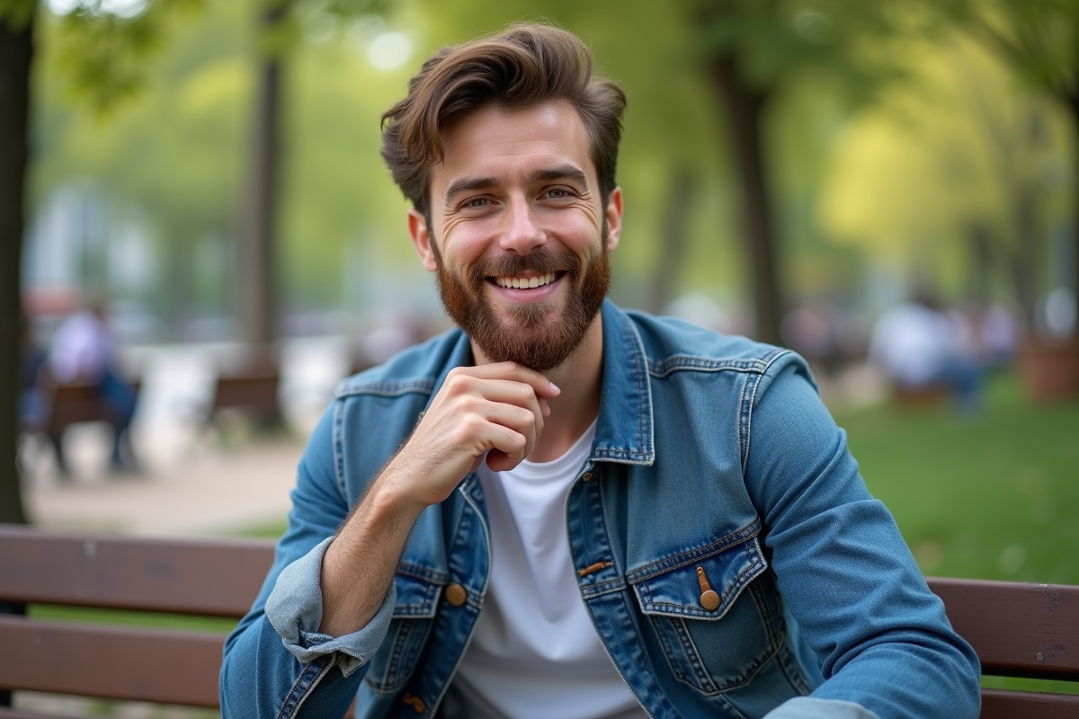 Homme souriant avec barbe dans un parc urbain en plein air