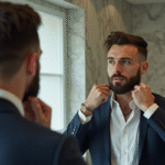 Homme en miroir avec barbe soignee devant un fond marbre