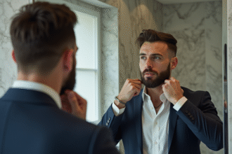 Homme en miroir avec barbe soignee devant un fond marbre