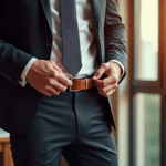 Homme élégant ajustant sa ceinture en cuir sur un pantalon sur mesure
